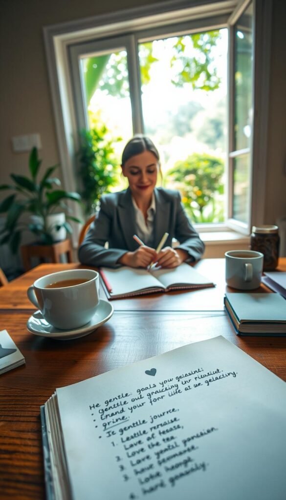 A serene workspace depicting a gentle goal-setting theme. In the foreground, a warm wooden desk with an open Journal featuring handwritten gentle goals, soft pastel-colored stationery, and a steaming cup of herbal tea. In the middle, a focused individual in a cozy yet professional outfit, thoughtfully writing and reflecting, with a gentle smile. In the background, a bright window reveals a tranquil garden scene, with dappled sunlight filtering through lush greenery, casting soft shadows. The overall atmosphere is calm and inspiring, evoking a sense of mindfulness and heart-centered intention. Use soft, natural lighting to enhance the intimacy of the setting, with a shallow depth of field to keep the focus on the writing process.