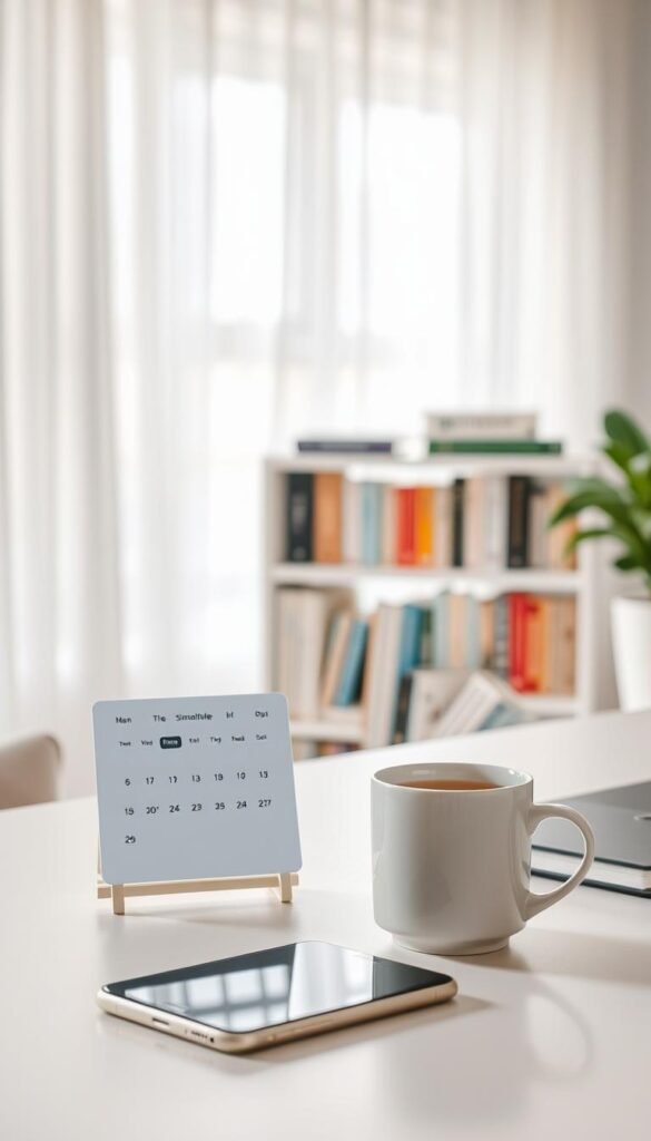 A serene workspace depicting a modern, minimalistic desk with a digital calendar displaying a simplified schedule, emphasizing open time slots. In the foreground, a smartphone rests beside a steaming mug of tea, hinting at a relaxed ambiance. The middle ground shows a blurred bookshelf filled with inspiring books on productivity and mindfulness. The background features a bright window with sheer curtains, allowing soft, natural light to fill the room, creating an airy feel. The color palette is soothing with pastel hues, evoking a sense of calm and spaciousness. The overall mood is tranquil and organized, showcasing the benefits of simplifying one's schedule for a more balanced life. A serene workspace depicting a modern, minimalistic desk with a digital calendar displaying a simplified schedule, emphasizing open time slots. In the foreground, a smartphone rests beside a steaming mug of tea, hinting at a relaxed ambiance. The middle ground shows a blurred bookshelf filled with inspiring books on productivity and mindfulness. The background features a bright window with sheer curtains, allowing soft, natural light to fill the room, creating an airy feel. The color palette is soothing with pastel hues, evoking a sense of calm and spaciousness. The overall mood is tranquil and organized, showcasing the benefits of simplifying one's schedule for a more balanced life.