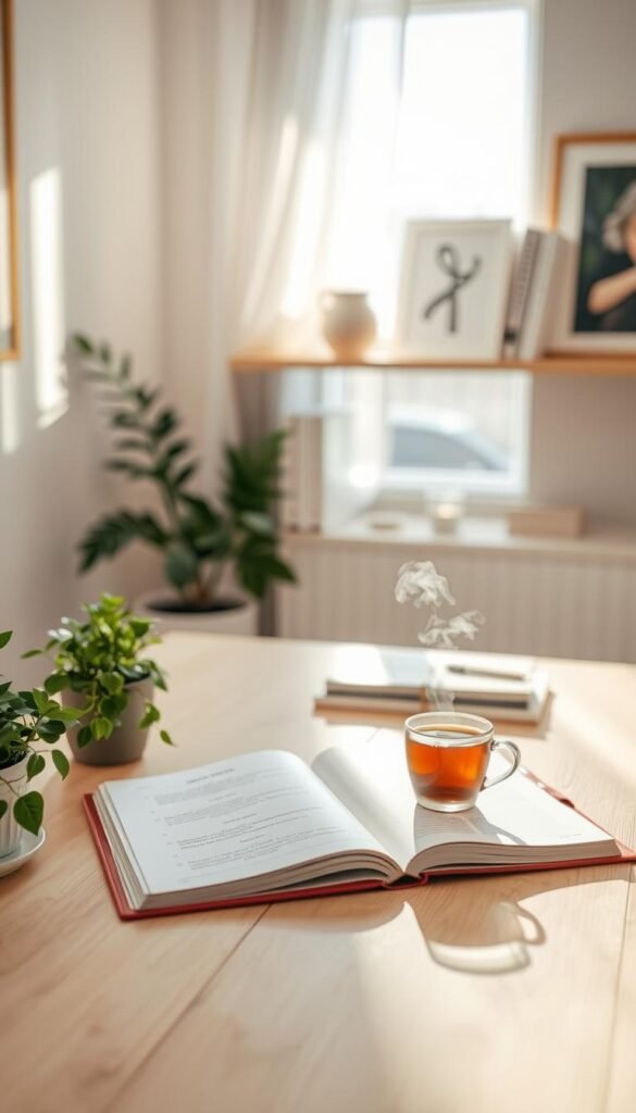 A serene workspace designed around the concept of routine, with a light wooden desk in the foreground holding an open planner and a steaming cup of herbal tea. To the left, a small potted plant adds a touch of greenery, symbolizing growth. In the middle, a cozy window reveals soft morning sunlight filtering through sheer curtains, casting gentle shadows on the desk. In the background, a well-organized shelf displays inspiring books and calming artwork. The atmosphere is peaceful and reflective, evoking a sense of mindfulness and intention. Use a warm color palette to enhance the tranquil mood, with soft focus and bokeh effects to emphasize the sense of calm and routine. Aim for a cozy, inviting space that inspires gentle rituals throughout the day.