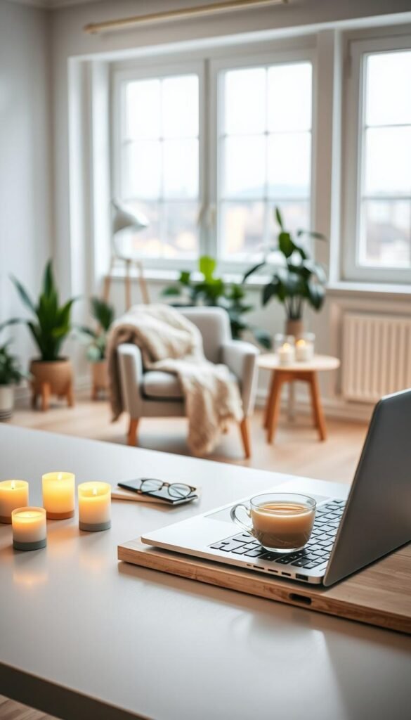 A serene workspace designed for focus, featuring a modern desk with a minimalist aesthetic. In the foreground, a sleek laptop is open, surrounded by soft, glowing candles providing warm ambient light. In the middle ground, a cozy armchair invites relaxation, layered with a textured throw blanket, and a gently steaming cup of herbal tea rests on a small side table. The background showcases a quiet room with large windows, through which soft daylight filters in, illuminating the light wood flooring and potted plants that evoke a calming, nature-inspired ambiance. The overall mood is peaceful and inviting, emphasizing tranquility and concentration, perfect for enhancing productivity. The composition should reflect a shallow depth of field, focusing on the desk and chair while softly blurring the background to create a peaceful atmosphere.