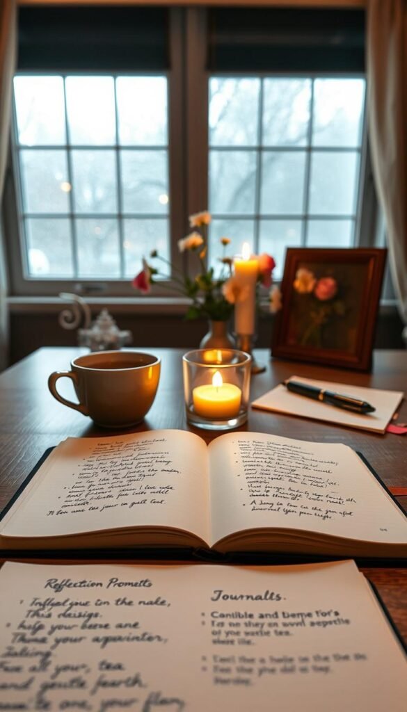 A serene workspace featuring a beautifully arranged journaling setup. In the foreground, an open notebook with elegant handwritten reflection prompts, surrounded by a cup of steaming herbal tea and a flickering candle. The middle section showcases a cozy, softly lit desk with a vintage pen and a small vase of fresh flowers, adding a touch of nature. In the background, a window reveals a gentle February drizzle, blurring the outside world and creating an intimate atmosphere. The scene is illuminated by warm, diffused light that enhances the tranquil mood, capturing the essence of gentle reflection. The angle is slightly overhead, inviting the viewer into this peaceful journaling experience.