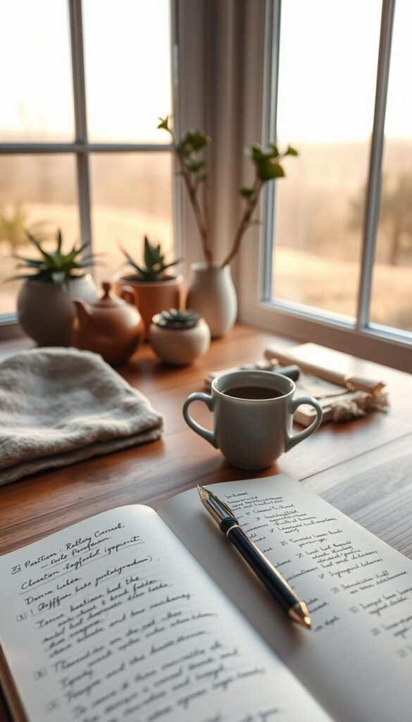 A serene workspace featuring a beautifully arranged journaling station. In the foreground, a wooden desk is adorned with an open journal filled with handwritten reflection prompts, a sleek fountain pen, and a steaming cup of herbal tea. In the middle ground, soft, natural light streams through a large window, casting gentle shadows that enhance the calming atmosphere. Decorative plants in ceramic pots and a cozy throw blanket are subtly visible, adding warmth and tranquility. The background reveals a soft-focus view of a calming landscape, perhaps a peaceful garden or a distant sunset. The overall mood should evoke a sense of clarity, inspiration, and ease, aimed at encouraging mindfulness and reflection in a simple living context. A serene workspace featuring a beautifully arranged journaling station. In the foreground, a wooden desk is adorned with an open journal filled with handwritten reflection prompts, a sleek fountain pen, and a steaming cup of herbal tea. In the middle ground, soft, natural light streams through a large window, casting gentle shadows that enhance the calming atmosphere. Decorative plants in ceramic pots and a cozy throw blanket are subtly visible, adding warmth and tranquility. The background reveals a soft-focus view of a calming landscape, perhaps a peaceful garden or a distant sunset. The overall mood should evoke a sense of clarity, inspiration, and ease, aimed at encouraging mindfulness and reflection in a simple living context.