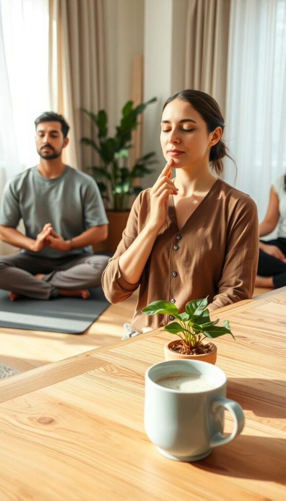 A serene workspace featuring a diverse group of individuals engaging in mindfulness practice. In the foreground, a woman in comfortable yet professional attire demonstrates a micro-movement, focusing on her breath with a calm expression. To her left, a man sits cross-legged on a yoga mat, eyes closed, embodying tranquility. In the middle ground, a wooden desk is adorned with a small potted plant and a steaming mug of herbal tea, symbolizing grounding and nature. The background shows a softly lit room with natural light filtering through sheer curtains, enhancing the peaceful atmosphere. The colors are warm and inviting, creating a sense of calm and focus, perfect for a mindfulness break. The composition captures a moment of stillness amidst a busy day. A serene workspace featuring a diverse group of individuals engaging in mindfulness practice. In the foreground, a woman in comfortable yet professional attire demonstrates a micro-movement, focusing on her breath with a calm expression. To her left, a man sits cross-legged on a yoga mat, eyes closed, embodying tranquility. In the middle ground, a wooden desk is adorned with a small potted plant and a steaming mug of herbal tea, symbolizing grounding and nature. The background shows a softly lit room with natural light filtering through sheer curtains, enhancing the peaceful atmosphere. The colors are warm and inviting, creating a sense of calm and focus, perfect for a mindfulness break. The composition captures a moment of stillness amidst a busy day.