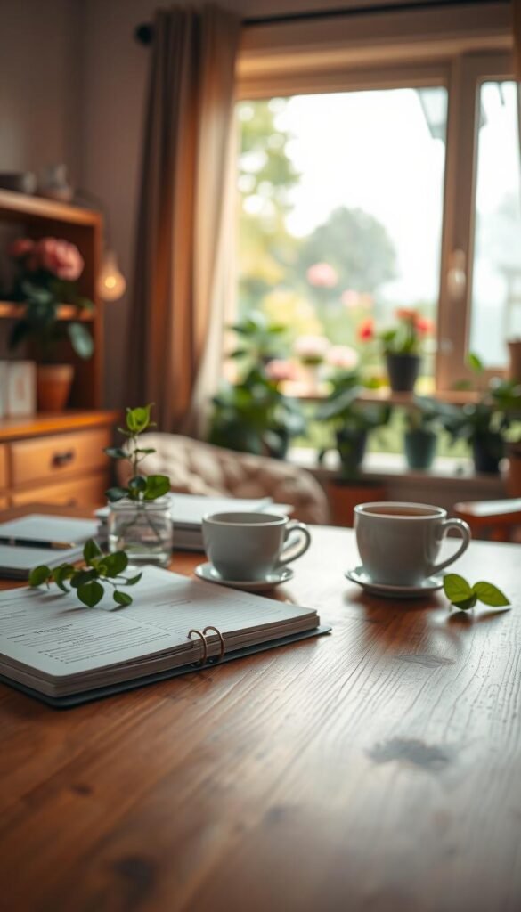 A serene workspace featuring a polished wooden desk in the foreground, adorned with a neatly organized planner, a steaming cup of herbal tea, and a gentle green plant, symbolizing growth and calm. In the middle, a softly lit window reveals a tranquil garden outside, with blooming flowers and lush greenery, evoking a sense of peace and renewal. The background includes a warm, inviting interior, with soft lighting that casts a calming glow throughout the room, creating an atmosphere conducive to soft productivity. The overall mood is peaceful and encouraging, designed to inspire focus and emotional well-being. Use a shallow depth of field to draw attention to the desk and its elements, while the background remains softly blurred. Capture this scene in a warm, natural color palette, emphasizing tranquility.