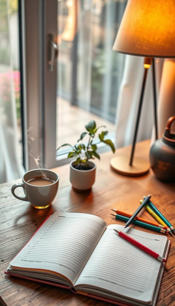 A serene workspace featuring a wooden desk with an open notebook and colorful pens scattered about, representing gentle goal tracking. In the foreground, a cup of herbal tea sits beside the notebook, emitting steam, suggesting warmth and comfort. The middle layer includes a softly lit lamp casting a warm glow, and a potted plant adds a touch of nature. In the background, a calming view of a large window reveals a tranquil garden, with light filtering through soft curtains. The overall atmosphere is peaceful and inviting, evoking a sense of reflection and minimal pressure. The lighting should be soft and diffused, creating a cozy ambiance. The angle captures the desk from a slight elevation, providing a bird’s eye view that includes the surrounding elements.