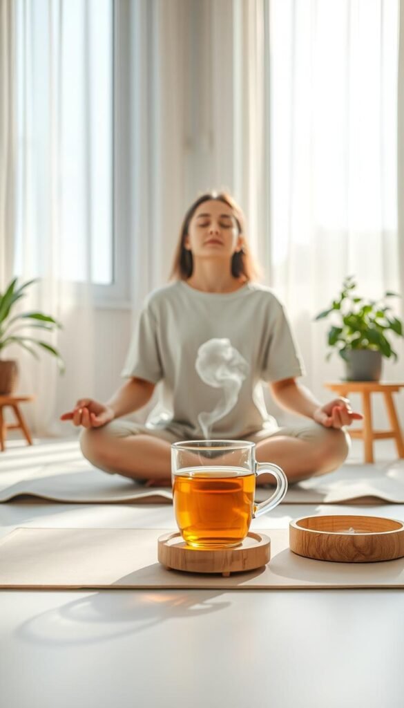 A serene workspace illustrating the concept of mind health. In the foreground, a person in modest casual clothing sits cross-legged on a soft yoga mat, eyes gently closed, exuding calm and mindfulness. The middle ground showcases a tranquil indoor setting with a small indoor plant and a simple wooden table holding a steaming cup of herbal tea, symbolizing relaxation. In the background, large windows allow soft, natural light to filter through sheer curtains, casting gentle shadows. The overall mood is peaceful and uplifting, evoking a sense of stillness amidst a busy day. The angle is slightly elevated, providing a comprehensive view of the scene that captures the essence of mindfulness and mental wellness. A serene workspace illustrating the concept of mind health. In the foreground, a person in modest casual clothing sits cross-legged on a soft yoga mat, eyes gently closed, exuding calm and mindfulness. The middle ground showcases a tranquil indoor setting with a small indoor plant and a simple wooden table holding a steaming cup of herbal tea, symbolizing relaxation. In the background, large windows allow soft, natural light to filter through sheer curtains, casting gentle shadows. The overall mood is peaceful and uplifting, evoking a sense of stillness amidst a busy day. The angle is slightly elevated, providing a comprehensive view of the scene that captures the essence of mindfulness and mental wellness.