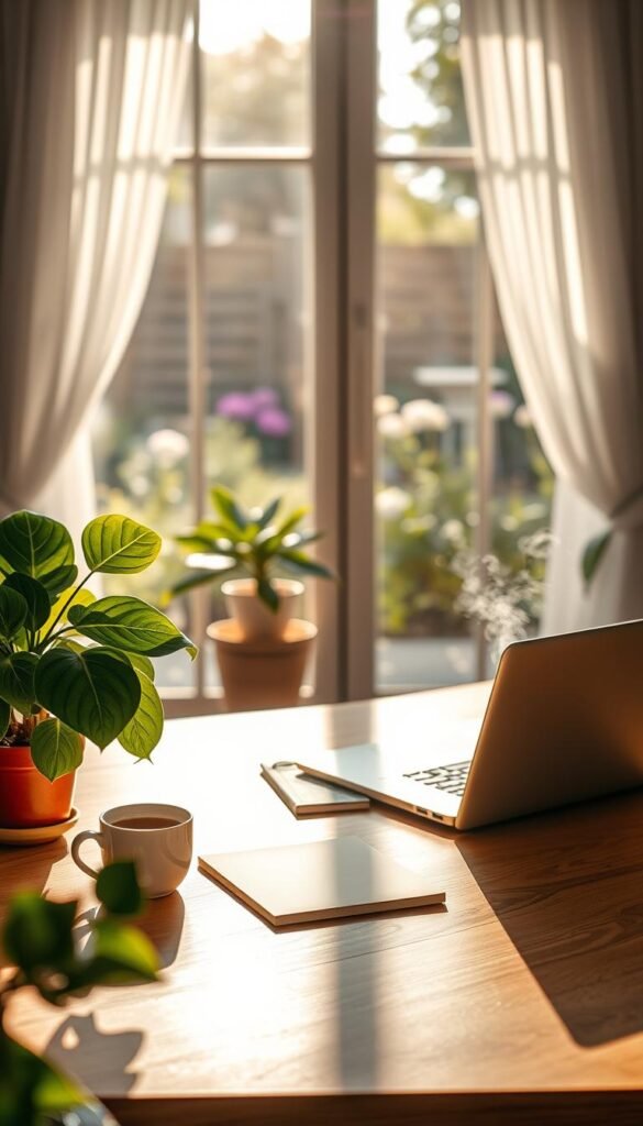 A serene workspace infused with nature, featuring a stylish, minimalist desk made of light wood. In the foreground, there are lush potted plants, such as a fiddle leaf fig and a small succulent, providing vibrant green hues. On the desk, a sleek laptop rests beside a notebook and a steaming cup of herbal tea, hinting at productivity. The middle ground showcases a large window opening up to a sunlit outdoor garden, with rays of sunlight filtering through sheer white curtains, casting gentle shadows. In the background, blurred outlines of blooming flowers and greenery create a calming ambiance. The lighting is warm and inviting, suggesting a peaceful afternoon. The overall mood is inspiring and refreshing, perfect for enhancing focus and creativity at work.