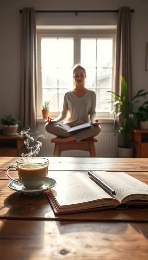 A serene workspace is portrayed in soft, soothing colors to illustrate the concept of slow rituals for productivity. In the foreground, a wooden desk is adorned with a steaming cup of herbal tea, an open journal, and a fountain pen, inviting contemplation. The middle ground features a calm individual dressed in modest casual clothing practicing mindfulness, perhaps journaling or meditating, radiating tranquility. In the background, gentle sunlight filters through a large window, casting a warm glow that highlights a few green plants, emphasizing a connection to nature. The overall atmosphere conveys peace and intentionality, inviting viewers to embrace a gentle, slow pace to getting things done. The image should reflect a cozy, inviting feel, focusing on the beauty of simplicity and mindfulness.