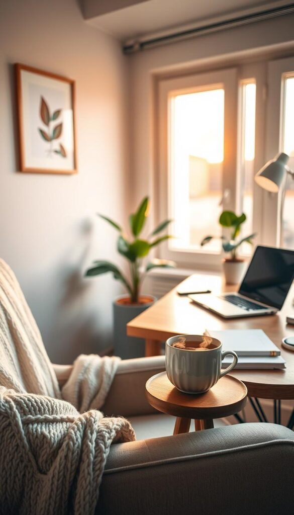 A serene workspace scene focused on a cozy corner, emphasizing the concept of taking short breaks. In the foreground, a soft armchair adorned with a light-knit throw, a steaming mug of herbal tea resting on a small wooden side table. The middle ground features a well-organized desk with a laptop and a small notepad, illuminated by warm, natural light coming through a large window. In the background, a peaceful indoor plant adds a touch of greenery to the space. The atmosphere is calm and rejuvenating, inviting the viewer to pause and reset. Use a soft focus lens to enhance the warmth and tranquility, capturing a midday moment that inspires relaxation and mindfulness without any text or distractions.