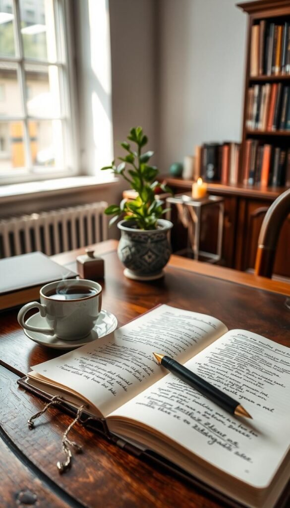 A serene workspace scene focused on an elegant wooden desk scattered with an open journal, an ink pen, and a steaming cup of herbal tea. In the foreground, the journal displays cozy, handwritten reflections, showcasing the process of journaling. The middle ground features a plant in a decorative pot, adding a touch of nature, while a soft light filters through a nearby window, casting gentle shadows and creating a warm, inviting atmosphere. The background reveals a quiet room with shelves of well-organized books, exuding an aura of calm productivity. The overall mood is peaceful and introspective, encouraging deep reflection and the cultivation of a mindful routine. The lighting is soft and natural, creating a cozy and inspiring environment.