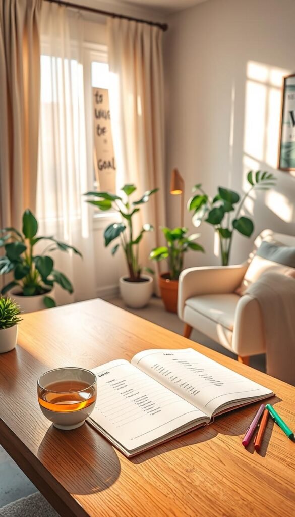 A serene workspace scene illustrating the concept of setting monthly goals. In the foreground, a beautifully organized wooden desk features a gently opened planner with a page dedicated to monthly goals, accompanied by a steaming cup of herbal tea and a few colorful pens. In the middle ground, warm sunlight filters through a large window adorned with soft, flowing curtains, casting gentle shadows on lush green houseplants nearby. The background showcases a calming wall with motivational artwork and a soft color palette, contributing to a peaceful atmosphere. A cozy armchair sits in a corner, inviting relaxation. The overall mood conveys a sense of tranquility, intention, and loving mindfulness in goal-setting. Capture this scene with natural lighting, using a slightly elevated perspective to encompass the desk and its surroundings.