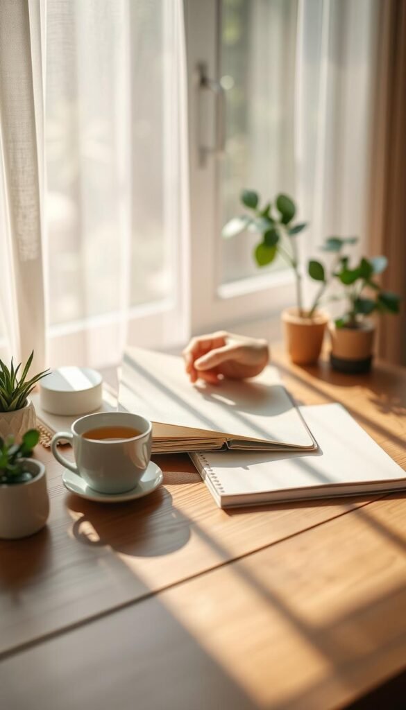 A serene workspace setting featuring a beautifully organized wooden desk with soft morning light casting gentle shadows. In the foreground, there are minimalistic, aesthetically pleasing items like a light-colored journal, a cup of herbal tea, and a small plant, symbolizing the start of an emotional declutter. In the middle, a pair of hands elegantly flipping through the journal, showcasing a calming writing ritual. In the background, a tranquil window view with sheer curtains filtering the sunlight, revealing greenery outside, creating an atmosphere of peace and renewal. The overall mood is soothing and inviting, conveying a sense of focus and mindfulness, encouraging viewers to embrace their journey of emotional decluttering. The scene should be softly lit, with a natural lens effect to enhance its tranquility.
