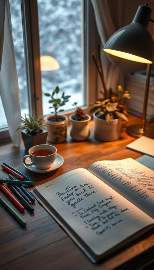 A serene workspace setting for emotional grounding journaling prompts, featuring a beautifully arranged wooden desk. In the foreground, an open journal lies with delicate handwritten entries visible, surrounded by a soft, warm light emanating from a nearby lamp. Pens and colorful markers are artfully scattered beside the journal, along with a steaming cup of tea, suggesting a calming atmosphere. The middle layer includes plants in soft-focus, providing a touch of nature that promotes mindfulness. In the background, a cozy window reveals gentle February snowfall, casting a peaceful glow throughout the room. Ambient lighting enhances the tranquil mood, inviting reflection and introspection. The overall ambiance is nurturing and encouraging, ideal for grounding thoughts and emotions.