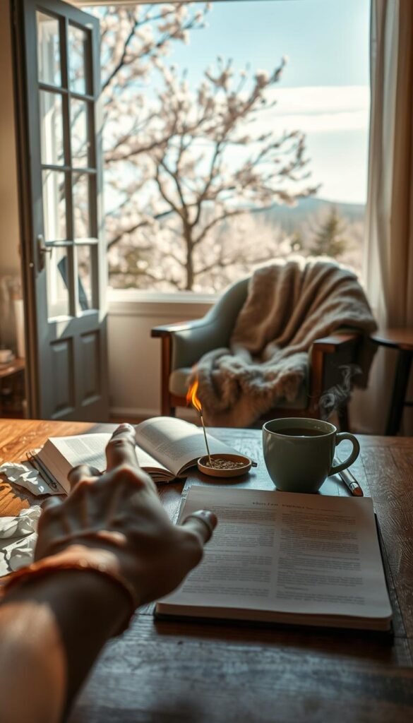 A serene writing space bathed in soft, natural light, featuring a wooden desk littered with crumpled papers, a closed notebook, and a steaming cup of herbal tea. In the foreground, a hand reaches towards a gently burning incense stick, symbolizing the act of releasing burdens before writing. The middle section showcases a cozy chair with a plush throw, and an open window allowing a gentle breeze to carry away worries. The background features a calming landscape of blossoming cherry trees and a clear blue sky, enhancing the atmosphere of tranquility and focus. The mood is reflective and peaceful, inviting contemplation and creativity, with a warm color palette that evokes a sense of comfort and readiness.