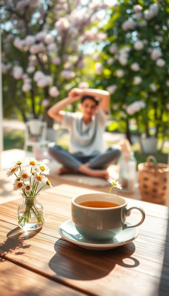 A soft spring morning scene capturing a peaceful routine. In the foreground, a cozy wooden table is set with a delicate pastel-colored tea cup filled with chamomile tea, surrounded by a small vase of fresh daisies. In the middle ground, a person in modest casual attire sits, stretching and enjoying the morning light streaming through a nearby window. Sunlight filters softly, casting a warm glow and gentle shadows. In the background, lush green trees bloom with pink and white blossoms, suggesting the essence of spring. The atmosphere is serene and inviting, with a focus on tranquility and rejuvenation. The scene should evoke a sense of calm and positivity, perfect for embracing a new day. The composition should be captured with a soft focus lens, emphasizing the inviting warmth of the spring morning. A soft spring morning scene capturing a peaceful routine. In the foreground, a cozy wooden table is set with a delicate pastel-colored tea cup filled with chamomile tea, surrounded by a small vase of fresh daisies. In the middle ground, a person in modest casual attire sits, stretching and enjoying the morning light streaming through a nearby window. Sunlight filters softly, casting a warm glow and gentle shadows. In the background, lush green trees bloom with pink and white blossoms, suggesting the essence of spring. The atmosphere is serene and inviting, with a focus on tranquility and rejuvenation. The scene should evoke a sense of calm and positivity, perfect for embracing a new day. The composition should be captured with a soft focus lens, emphasizing the inviting warmth of the spring morning.