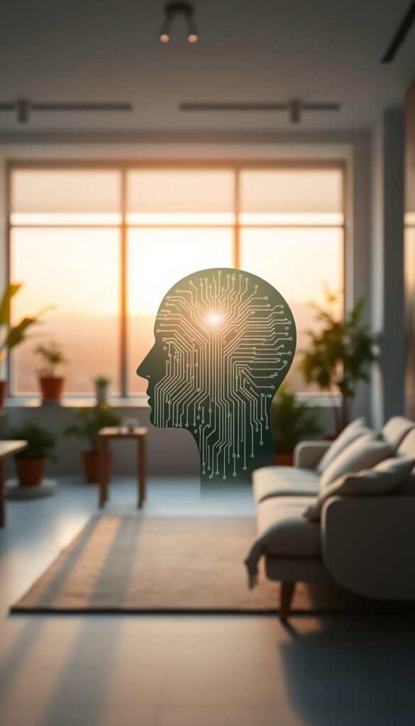 A surreal representation of a "trusted system mind" in a soft, calming environment. In the foreground, a translucent human silhouette filled with intricate circuit patterns reflects a gentle light, symbolizing awareness and focus. The middle ground features a serene office space with natural elements, such as potted plants and soft textiles, evoking comfort and tranquility. In the background, large windows showcase a peaceful sunrise, casting warm rays that enhance the atmosphere. Soft, diffused lighting creates a soothing ambiance, while a slightly blurred bokeh effect emphasizes a sense of clarity in the mind. The overall mood is serene and encouraging, showcasing the harmonious balance between productivity and mental well-being.