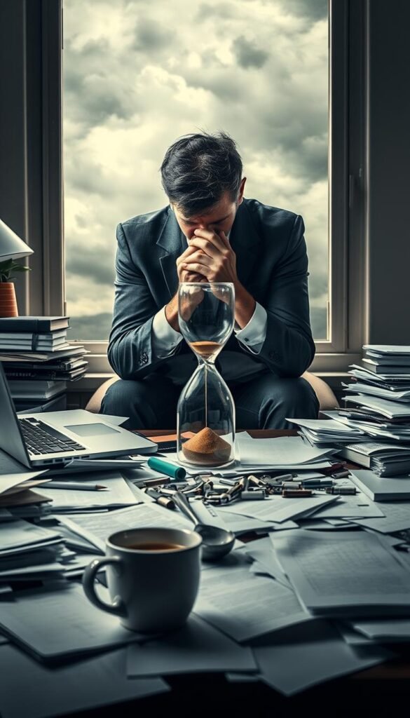 A surreal representation of stress depicted in a workspace environment. In the foreground, a cluttered desk filled with papers, a laptop, and a half-empty coffee cup, symbolizing chaos and pressure. A figure seated at the desk in professional business attire, with a furrowed brow and hands gripping their head, conveying a sense of overwhelm and tension. In the middle ground, an hourglass with sand slipping away, representing the rush to fix things and the passage of time. The background features a window with stormy skies, creating an oppressive atmosphere. Soft, diffused lighting emphasizes shadows, adding to the feeling of unease. The overall mood is one of anxiety and the need for release, encapsulating the essence of modern life's pressures.