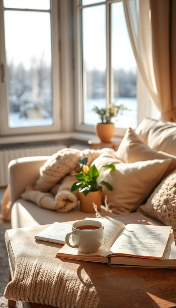 A tranquil February weekend morning scene, featuring a cozy living room bathed in soft, diffused sunlight. In the foreground, a plush, pale-colored sofa adorned with a warm, knitted throw and cushions, inviting relaxation. A steaming mug of herbal tea sits on a wooden coffee table next to an open book, its pages fluttering gently in the breeze from a nearby window. In the middle ground, a soft-petaled potted plant adds a touch of life, while a delicate vase holds freshly cut flowers, their colors harmonizing with the morning light. The background reveals a view through the window, showcasing a serene snow-dusted landscape under a soft blue sky. The overall atmosphere conveys warmth, comfort, and a gentle awakening, inviting viewers to embrace a slow and soothing weekend. A tranquil February weekend morning scene, featuring a cozy living room bathed in soft, diffused sunlight. In the foreground, a plush, pale-colored sofa adorned with a warm, knitted throw and cushions, inviting relaxation. A steaming mug of herbal tea sits on a wooden coffee table next to an open book, its pages fluttering gently in the breeze from a nearby window. In the middle ground, a soft-petaled potted plant adds a touch of life, while a delicate vase holds freshly cut flowers, their colors harmonizing with the morning light. The background reveals a view through the window, showcasing a serene snow-dusted landscape under a soft blue sky. The overall atmosphere conveys warmth, comfort, and a gentle awakening, inviting viewers to embrace a slow and soothing weekend.