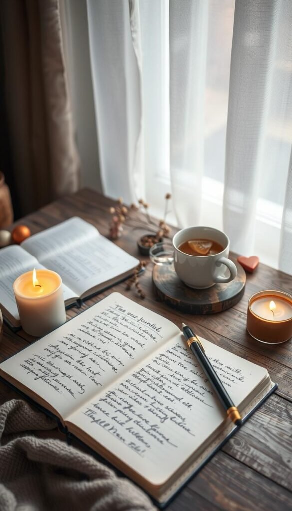 A tranquil and inviting workspace featuring a beautifully arranged flat lay of various journaling materials. In the foreground, a cozy, open journal with handwritten prompts, a soft, warm-toned pen resting beside it, and a flickering candle casting a gentle glow. In the middle ground, a steaming cup of herbal tea placed on a rustic wooden surface, alongside a few seasonal decorations such as dried flowers and small heart-shaped ornaments, suggesting a February theme. In the background, a softly lit window with sheer curtains allows diffused natural light to create a serene atmosphere. The scene evokes feelings of calmness and introspection, perfect for a slow, cozy journaling ritual.