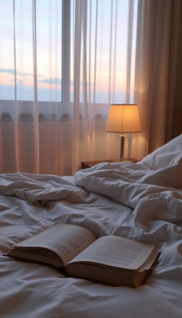 A tranquil bedroom scene at dusk, featuring a cozy bed draped in soft, neutral-toned linens. The foreground includes a plush, inviting pillow and a faded book resting on the bedside table, hinting at relaxation and winding down. In the middle ground, a dimly lit lamp provides a warm, inviting glow, casting gentle shadows across the room. The background features softly drawn curtains, slightly billowing with a gentle breeze, suggesting the calming presence of the evening wind. The atmosphere is serene and comforting, with a pastel-colored sky visible through the window, transitioning from day to night. The overall mood is soothing, perfect for initiating a restful sleep routine. Use soft, diffused lighting to enhance the sense of peace and warmth. A tranquil bedroom scene at dusk, featuring a cozy bed draped in soft, neutral-toned linens. The foreground includes a plush, inviting pillow and a faded book resting on the bedside table, hinting at relaxation and winding down. In the middle ground, a dimly lit lamp provides a warm, inviting glow, casting gentle shadows across the room. The background features softly drawn curtains, slightly billowing with a gentle breeze, suggesting the calming presence of the evening wind. The atmosphere is serene and comforting, with a pastel-colored sky visible through the window, transitioning from day to night. The overall mood is soothing, perfect for initiating a restful sleep routine. Use soft, diffused lighting to enhance the sense of peace and warmth.