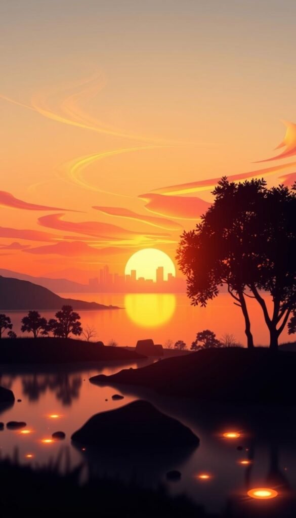 A tranquil digital sunset scene that blends organic beauty with hints of technology. In the foreground, silhouettes of abstract digital structures like pixelated trees and geometric shapes gently rise from a serene, glowing lake. The middle ground features soft, swirling clouds bathed in vibrant shades of orange, pink, and purple, reflecting the day's end. In the background, a horizon line showcases a stylized skyline of low-poly buildings, fading into a calm, gradient sky. The lighting is warm and inviting, creating a sense of peace and tranquility. The atmosphere is serene and reflective, inviting viewers to contemplate the balance between technology and a quieter mind. The composition should be well-balanced, with a slight focus on the sunset illuminating the scene, captured with a wide-angle lens to enhance depth. A tranquil digital sunset scene that blends organic beauty with hints of technology. In the foreground, silhouettes of abstract digital structures like pixelated trees and geometric shapes gently rise from a serene, glowing lake. The middle ground features soft, swirling clouds bathed in vibrant shades of orange, pink, and purple, reflecting the day's end. In the background, a horizon line showcases a stylized skyline of low-poly buildings, fading into a calm, gradient sky. The lighting is warm and inviting, creating a sense of peace and tranquility. The atmosphere is serene and reflective, inviting viewers to contemplate the balance between technology and a quieter mind. The composition should be well-balanced, with a slight focus on the sunset illuminating the scene, captured with a wide-angle lens to enhance depth.