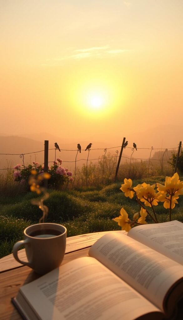 A tranquil morning scene bathed in soft, golden light as the sun rises over a quiet landscape. In the foreground, a cozy table holds a steaming cup of tea next to an open book, inviting a peaceful moment. The middle ground features a gentle garden with blooming flowers and dewy grass, while a few birds can be seen perched on a nearby fence, enjoying the serenity. In the background, soft hills roll beneath a pastel sky, tinged with hues of pink and orange. The atmosphere is calm and restorative, evoking a sense of slow living and intentional mindfulness. The image should be framed in a wide shot, capturing the serene essence of a new day, with soft natural lighting that enhances the peaceful mood. A tranquil morning scene bathed in soft, golden light as the sun rises over a quiet landscape. In the foreground, a cozy table holds a steaming cup of tea next to an open book, inviting a peaceful moment. The middle ground features a gentle garden with blooming flowers and dewy grass, while a few birds can be seen perched on a nearby fence, enjoying the serenity. In the background, soft hills roll beneath a pastel sky, tinged with hues of pink and orange. The atmosphere is calm and restorative, evoking a sense of slow living and intentional mindfulness. The image should be framed in a wide shot, capturing the serene essence of a new day, with soft natural lighting that enhances the peaceful mood.