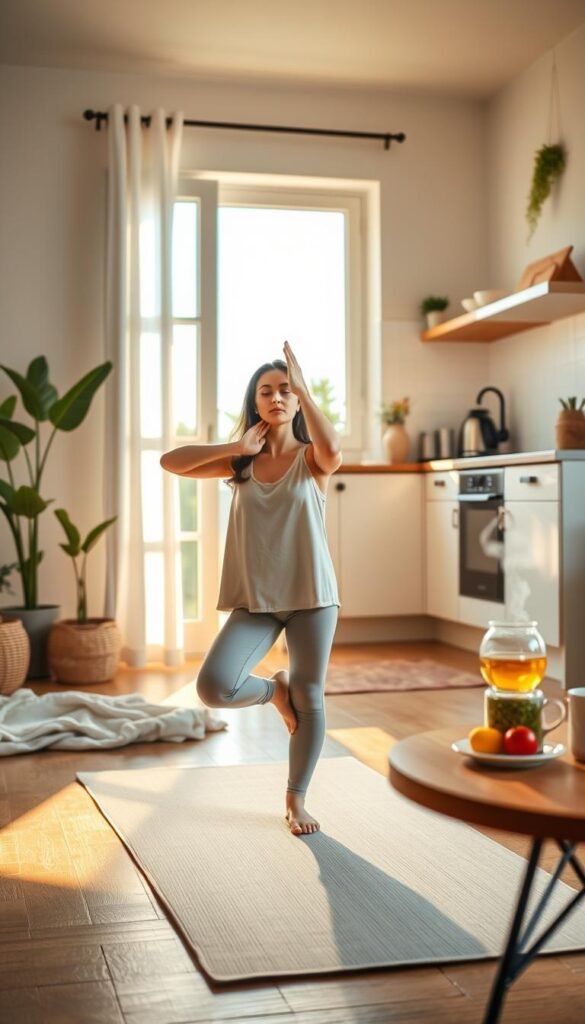A tranquil morning scene capturing a minimalist morning routine focused on gentle permissions. In the foreground, a serene woman in modest casual clothing practices yoga on a light-colored mat, embodying calm and mindfulness. She is surrounded by simple, natural elements such as potted plants and a soft, neutral-toned blanket. In the middle, a cozy kitchen space features warm sunlight pouring through a window, illuminating a steaming cup of herbal tea and a small plate of fresh fruit on a wooden table. In the background, a clear blue sky can be seen, suggesting a new day, while the ambiance is peaceful and inviting. The lighting is soft and warm, creating a sense of comfort and tranquility, shot with a slight depth of field to emphasize the foreground.