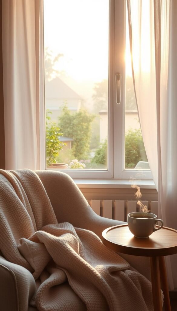 A tranquil morning scene in a cozy corner of a softly lit room. In the foreground, a comfortable armchair draped with a light, textured blanket invites relaxation. A steaming cup of herbal tea rests on a small wooden table nearby, adorned with delicate morning light. The middle ground features a window with sheer curtains gently blowing, revealing a serene garden outside bathed in the soft glow of dawn. In the background, subtle greenery and the silhouettes of trees can be seen, just starting to wake up with the sunrise. The overall atmosphere is calm and peaceful, evoking a sense of gentle awakening and introspection, perfect for a soft start to the day. Soft, diffuse lighting enhances the serene mood, reminiscent of early morning tranquility.
