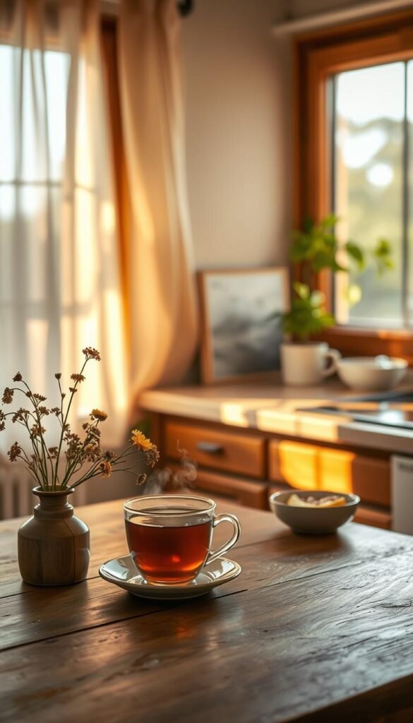 A tranquil morning scene in a cozy kitchen bathed in the soft, golden light of dawn. In the foreground, a steaming cup of herbal tea rests on a rustic wooden table alongside a small vase of fresh wildflowers. The middle ground features a window with sheer curtains gently billowing, allowing warm sunlight to filter in and illuminate the space. On the countertop, there are simple breakfast items like a bowl of oats and a slice of fresh fruit, inviting a sense of calm and nourishment. In the background, subtle greenery from potted plants adds life to the serene atmosphere. The overall composition should evoke a peaceful, gentle start to the day, emphasizing warmth, quietness, and a leisurely pace, with a soft focus and warm color palette. A tranquil morning scene in a cozy kitchen bathed in the soft, golden light of dawn. In the foreground, a steaming cup of herbal tea rests on a rustic wooden table alongside a small vase of fresh wildflowers. The middle ground features a window with sheer curtains gently billowing, allowing warm sunlight to filter in and illuminate the space. On the countertop, there are simple breakfast items like a bowl of oats and a slice of fresh fruit, inviting a sense of calm and nourishment. In the background, subtle greenery from potted plants adds life to the serene atmosphere. The overall composition should evoke a peaceful, gentle start to the day, emphasizing warmth, quietness, and a leisurely pace, with a soft focus and warm color palette.