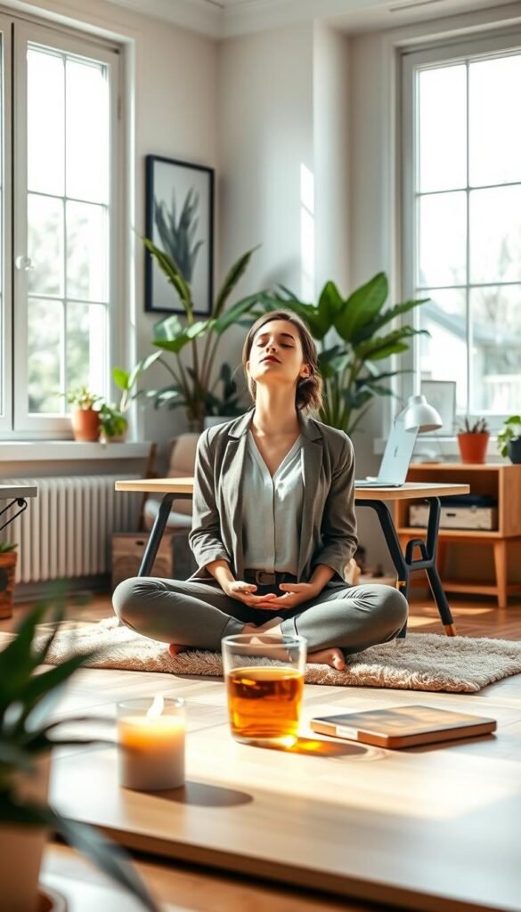 A tranquil office space bathed in soft natural light filtering through large windows, highlighting a small cozy corner. In the foreground, a woman in smart casual attire sits cross-legged on a plush yoga mat, eyes closed, embodying a state of serene mindfulness. She is surrounded by a few potted plants and a gently burning candle, which adds a warm glow. In the middle, a wooden desk with a laptop and a steaming cup of herbal tea sits invitingly, indicating a pause from work. The background features calming artwork on the walls and more greenery, creating a peaceful atmosphere. The overall mood is one of calm and focus, with soft, diffused lighting to evoke a sense of tranquility and rejuvenation. A tranquil office space bathed in soft natural light filtering through large windows, highlighting a small cozy corner. In the foreground, a woman in smart casual attire sits cross-legged on a plush yoga mat, eyes closed, embodying a state of serene mindfulness. She is surrounded by a few potted plants and a gently burning candle, which adds a warm glow. In the middle, a wooden desk with a laptop and a steaming cup of herbal tea sits invitingly, indicating a pause from work. The background features calming artwork on the walls and more greenery, creating a peaceful atmosphere. The overall mood is one of calm and focus, with soft, diffused lighting to evoke a sense of tranquility and rejuvenation.