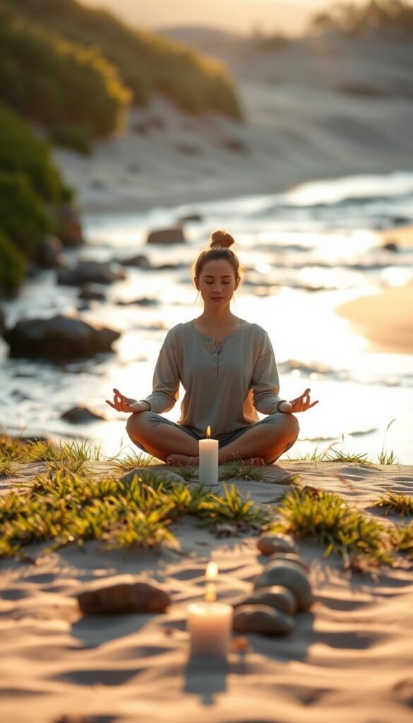 A tranquil scene centered on a meditative figure seated cross-legged on a soft, natural surface such as grass or a gentle sandy beach. The person is dressed in modest, comfortable clothing, conveying a sense of peace and emotional calm. In the foreground, a few smooth stones and a delicate candle set the mood, while the background features a serene, sunlit landscape with gentle waves or a flowing stream, surrounded by lush greenery or soft dunes. The lighting is warm and golden, creating a soft glow that enhances the atmosphere of relaxation and introspection. The camera angle is slightly elevated to capture the harmonious balance of nature and the centered figure, evoking a deep sense of tranquility and support for emotional calm in daily life. A tranquil scene centered on a meditative figure seated cross-legged on a soft, natural surface such as grass or a gentle sandy beach. The person is dressed in modest, comfortable clothing, conveying a sense of peace and emotional calm. In the foreground, a few smooth stones and a delicate candle set the mood, while the background features a serene, sunlit landscape with gentle waves or a flowing stream, surrounded by lush greenery or soft dunes. The lighting is warm and golden, creating a soft glow that enhances the atmosphere of relaxation and introspection. The camera angle is slightly elevated to capture the harmonious balance of nature and the centered figure, evoking a deep sense of tranquility and support for emotional calm in daily life.
