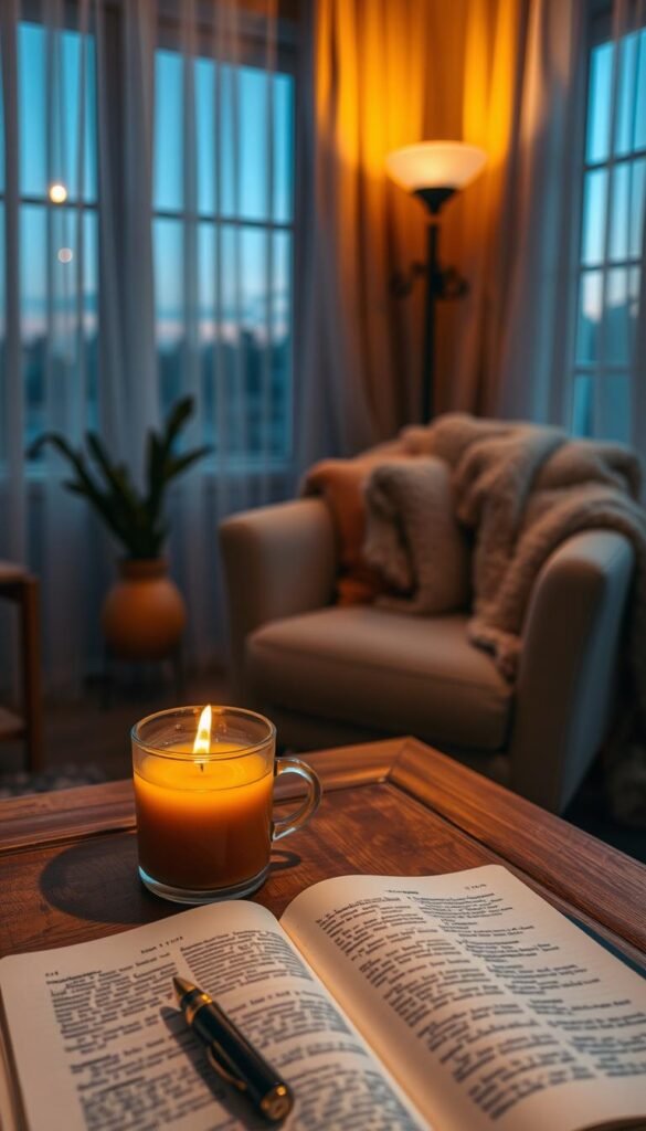 A tranquil scene depicting a calming evening routine in a cozy, softly lit room, filled with warm hues of amber and soft blues. In the foreground, a neatly arranged wooden table holds a lit candle, a steaming cup of herbal tea, and a journal open with a beautiful pen resting beside it. In the middle ground, a comfortable armchair is draped with a plush blanket, inviting relaxation. The background features a window with sheer curtains partially drawn, allowing a hint of twilight to filter in, casting gentle shadows. The overall atmosphere evokes a sense of serenity and reflection, perfect for an evening of release and introspection, with a focus on self-care and mindfulness. A tranquil scene depicting a calming evening routine in a cozy, softly lit room, filled with warm hues of amber and soft blues. In the foreground, a neatly arranged wooden table holds a lit candle, a steaming cup of herbal tea, and a journal open with a beautiful pen resting beside it. In the middle ground, a comfortable armchair is draped with a plush blanket, inviting relaxation. The background features a window with sheer curtains partially drawn, allowing a hint of twilight to filter in, casting gentle shadows. The overall atmosphere evokes a sense of serenity and reflection, perfect for an evening of release and introspection, with a focus on self-care and mindfulness.