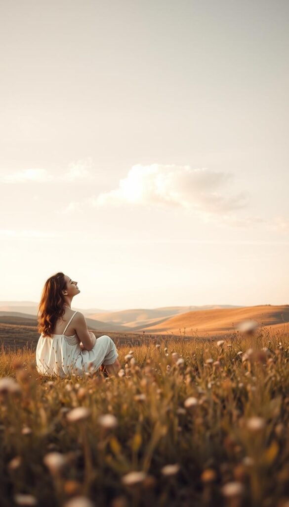 A tranquil scene depicting the concept of "pressure" as a gentle release. In the foreground, a woman dressed in soft, casual clothing is seated on a serene meadow, surrounded by delicate wildflowers, exuding a sense of calm and contemplation. The middle ground features wispy clouds drifting lazily in a pastel sky, symbolizing the ease of letting go. In the background, soft rolling hills bathed in warm, golden light create a peaceful, inviting atmosphere. Use a soft focus lens to enhance the dreamy quality of the scene. The lighting should be diffused, evoking a warm and reassuring mood. Overall, the image should capture a moment of introspection and serenity, reflecting the release from the burdens of rushing and perfection. A tranquil scene depicting the concept of "pressure" as a gentle release. In the foreground, a woman dressed in soft, casual clothing is seated on a serene meadow, surrounded by delicate wildflowers, exuding a sense of calm and contemplation. The middle ground features wispy clouds drifting lazily in a pastel sky, symbolizing the ease of letting go. In the background, soft rolling hills bathed in warm, golden light create a peaceful, inviting atmosphere. Use a soft focus lens to enhance the dreamy quality of the scene. The lighting should be diffused, evoking a warm and reassuring mood. Overall, the image should capture a moment of introspection and serenity, reflecting the release from the burdens of rushing and perfection.