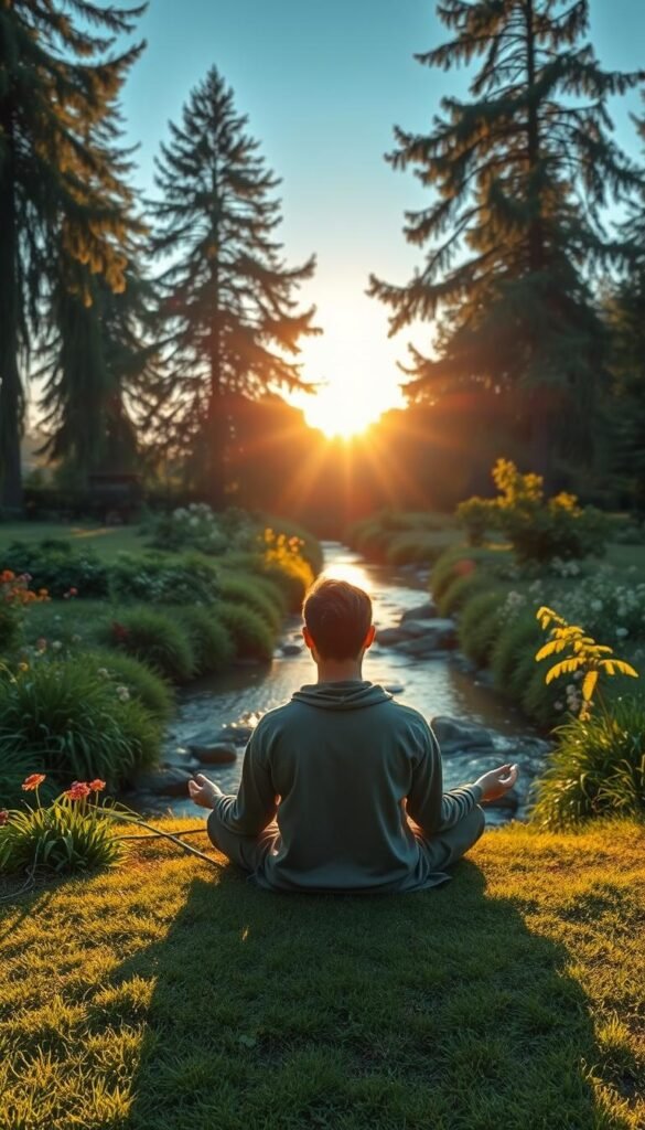 A tranquil scene depicting the essence of "grounding" in a serene environment, emphasizing emotional reset. In the foreground, a person meditating in a peaceful garden, seated on a soft patch of grass surrounded by lush green plants and colorful flowers. The person is dressed in modest, comfortable clothing, radiating calmness. In the middle, a gentle stream flows, reflecting the warm golden light of a late afternoon sun, creating a sense of harmony and balance. In the background, tall trees stand, their leaves rustling softly in a light breeze, under a clear blue sky. The overall lighting is soft and natural, evoking a warm and inviting atmosphere, encouraging a sense of relaxation and tranquility. The composition focuses on serenity and connection with nature, emphasizing the importance of mindfulness. A tranquil scene depicting the essence of "grounding" in a serene environment, emphasizing emotional reset. In the foreground, a person meditating in a peaceful garden, seated on a soft patch of grass surrounded by lush green plants and colorful flowers. The person is dressed in modest, comfortable clothing, radiating calmness. In the middle, a gentle stream flows, reflecting the warm golden light of a late afternoon sun, creating a sense of harmony and balance. In the background, tall trees stand, their leaves rustling softly in a light breeze, under a clear blue sky. The overall lighting is soft and natural, evoking a warm and inviting atmosphere, encouraging a sense of relaxation and tranquility. The composition focuses on serenity and connection with nature, emphasizing the importance of mindfulness.
