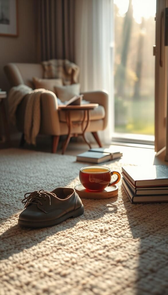 A tranquil scene depicting the gentle essence of "slow cozy steps." In the foreground, a pair of well-worn leather shoes resting on a soft, textured rug, hinting at leisurely movement. The middle ground features a warm, inviting living space with a comfy armchair draped in a knitted blanket, a steaming cup of herbal tea on a small wooden side table, and a stack of inspiring books nearby. In the background, a softly glowing window reveals a serene garden view bathed in golden afternoon light, with sunbeams filtered through sheer curtains. The mood is peaceful and restorative, evoking a sense of comfort and mindfulness. The scene is shot with a shallow depth of field for an intimate feel, capturing the essence of taking gentle steps towards refreshment in daily life. A tranquil scene depicting the gentle essence of "slow cozy steps." In the foreground, a pair of well-worn leather shoes resting on a soft, textured rug, hinting at leisurely movement. The middle ground features a warm, inviting living space with a comfy armchair draped in a knitted blanket, a steaming cup of herbal tea on a small wooden side table, and a stack of inspiring books nearby. In the background, a softly glowing window reveals a serene garden view bathed in golden afternoon light, with sunbeams filtered through sheer curtains. The mood is peaceful and restorative, evoking a sense of comfort and mindfulness. The scene is shot with a shallow depth of field for an intimate feel, capturing the essence of taking gentle steps towards refreshment in daily life.