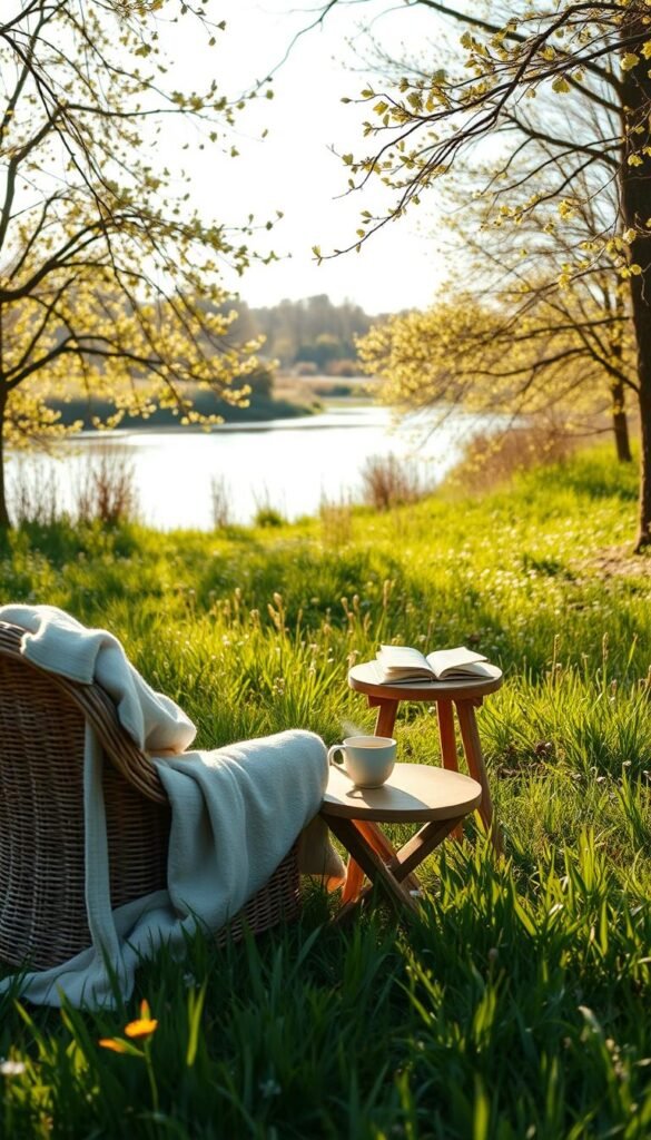 A tranquil scene embodying "slow living" during a soft spring weekend. In the foreground, a cozy wicker chair draped with a soft pastel blanket sits next to a small wooden table with a steaming cup of herbal tea and an open book resting on it. In the middle, lush green grass is peppered with blooming wildflowers, and a gentle breeze rustles the leaves of nearby trees. Soft sunlight filters through the branches, creating dappled patterns on the ground. In the background, a calm river flows peacefully, reflecting the clear blue sky. The mood is serene and inviting, evoking a sense of relaxation and mindfulness, perfect for nurturing the heart on a slow living weekend. The scene is captured with a warm, soft-focus lens, highlighting the beauty of nature in the early morning light.
