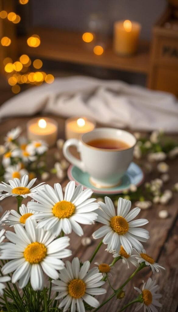 A tranquil scene featuring a beautiful bouquet of chamomile flowers in the foreground, their delicate white petals and bright yellow centers vividly displayed. In the middle, a calming herbal tea setup with a steaming cup of chamomile tea, gently resting on a rustic wooden table adorned with small sprigs of chamomile scattered around. The background reveals a softly lit, cozy evening environment, with warm fairy lights shimmering and a few candles flickering, casting a golden glow. The atmosphere is serene and inviting, perfect for a wind-down routine. Soft focus lens effect, shot from a slightly elevated angle to capture the layers of the composition, emphasizing the gentle warmth and calmness that chamomile embodies. A tranquil scene featuring a beautiful bouquet of chamomile flowers in the foreground, their delicate white petals and bright yellow centers vividly displayed. In the middle, a calming herbal tea setup with a steaming cup of chamomile tea, gently resting on a rustic wooden table adorned with small sprigs of chamomile scattered around. The background reveals a softly lit, cozy evening environment, with warm fairy lights shimmering and a few candles flickering, casting a golden glow. The atmosphere is serene and inviting, perfect for a wind-down routine. Soft focus lens effect, shot from a slightly elevated angle to capture the layers of the composition, emphasizing the gentle warmth and calmness that chamomile embodies.