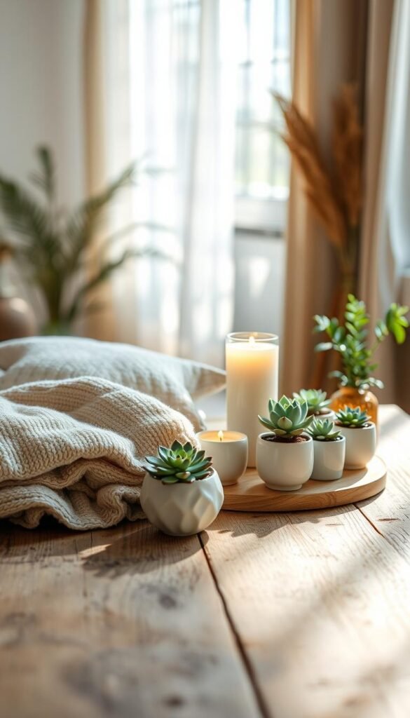 A tranquil scene featuring a carefully arranged collection of soft items representing emotional supports. In the foreground, a cozy assortment of textured blankets, plush cushions, and delicate porcelain figurines rest on a rustic wooden table. The middle ground reveals a gently glowing candle, surrounded by potted succulents that symbolize resilience, conveying warmth and safety. The background is softly blurred, showcasing an inviting, sunlit room with sheer curtains, hinting at a gentle breeze. Natural light streams in from a window, casting soft shadows that enhance the serene atmosphere. The overall mood is peaceful and comforting, designed to evoke a sense of calm and emotional clarity amidst life’s challenges.