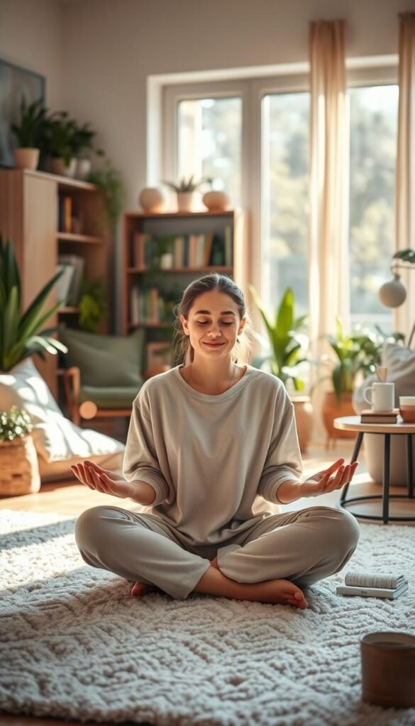 A tranquil scene that embodies the concept of "energy" on a low-energy day. In the foreground, a calm individual sits cross-legged on a soft, plush rug, dressed in comfortable, modest loungewear, with a gentle smile reflecting serenity. Their hands rest on their knees, palms upward, as soft, glowing orbs of light swirl around them, symbolizing energy. In the middle ground, a cozy room filled with plants and soft cushions creates an inviting atmosphere. Sunlight spills through a large window, casting warm golden rays that enhance the peaceful ambiance. In the background, a bookshelf filled with calming books and a steaming mug on a side table are visible. The overall mood is soothing and compassionate, inviting viewers to embrace their low-energy days with understanding. A tranquil scene that embodies the concept of "energy" on a low-energy day. In the foreground, a calm individual sits cross-legged on a soft, plush rug, dressed in comfortable, modest loungewear, with a gentle smile reflecting serenity. Their hands rest on their knees, palms upward, as soft, glowing orbs of light swirl around them, symbolizing energy. In the middle ground, a cozy room filled with plants and soft cushions creates an inviting atmosphere. Sunlight spills through a large window, casting warm golden rays that enhance the peaceful ambiance. In the background, a bookshelf filled with calming books and a steaming mug on a side table are visible. The overall mood is soothing and compassionate, inviting viewers to embrace their low-energy days with understanding.