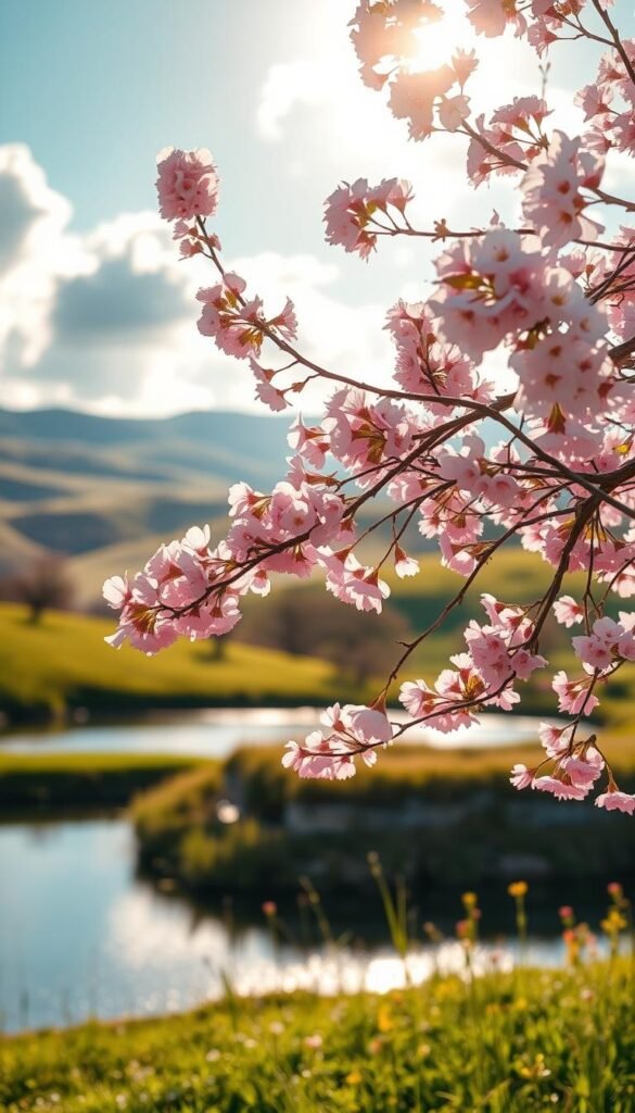 A tranquil spring scene depicting the concept of "change," featuring a blossoming cherry blossom tree in full bloom in the foreground, with soft pink petals gently drifting to the ground. In the middle, a serene pond reflects the vibrant colors of spring, surrounded by fresh green grass and newly sprouted wildflowers. The background showcases distant rolling hills basking in warm sunlight, with fluffy white clouds drifting across a clear blue sky. The atmosphere is light and uplifting, suggesting renewal and growth. The lighting is soft and golden, reminiscent of late afternoon sun, with a slightly blurred focus to enhance a dreamy, peaceful mood. The overall composition should evoke feelings of harmony, transformation, and the beauty of new beginnings.