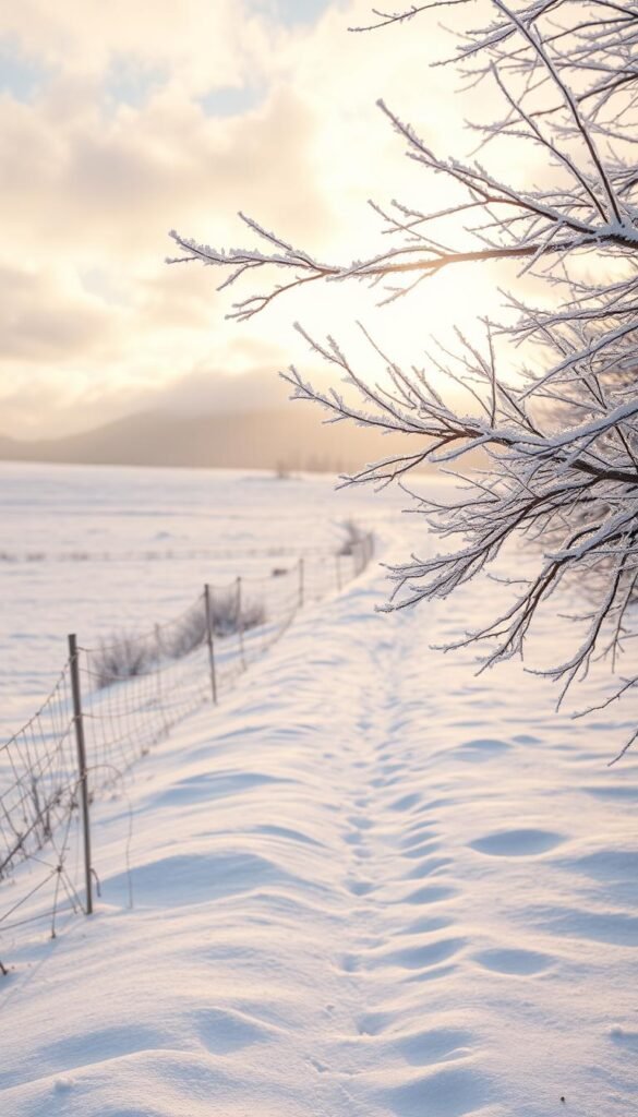 A tranquil winter landscape featuring a vast, snow-covered field stretching into the distance, blanketed under a gentle layer of fresh snow. In the foreground, delicate frost-covered branches of a leafless tree provide a contrasting sharpness against the smooth white snow, glistening in the soft morning light. In the middle ground, a narrow, winding path leads through the snowy field, inviting reflection and contemplation. The background showcases distant mountains shrouded in mist, hinting at the quiet majesty of nature in its winter repose. The atmosphere is serene and contemplative, with warm sunlight breaking through soft clouds, casting a peaceful glow over the scene. This image encapsulates the essence of winter as a time for introspection, encouraging viewers to appreciate the beauty and tranquility of the season's quiet moments.
