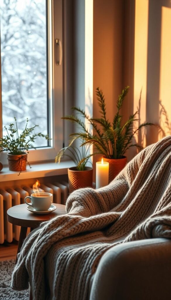 A tranquil winter scene depicting stress-relieving rituals. In the foreground, a cozy, inviting room with a soft, plush armchair draped in a knitted blanket, next to a small wooden table holding a steaming cup of herbal tea and a lit candle. The middle ground features a window with softly falling snowflakes visible outside, surrounded by indoor plants that add a touch of greenery. In the background, warm golden lighting creates a calming atmosphere, with subtle shadows enhancing the inviting feel of the space. The overall mood is serene and peaceful, embodying relaxation and comfort, perfect for a winter sanctuary. A tranquil winter scene depicting stress-relieving rituals. In the foreground, a cozy, inviting room with a soft, plush armchair draped in a knitted blanket, next to a small wooden table holding a steaming cup of herbal tea and a lit candle. The middle ground features a window with softly falling snowflakes visible outside, surrounded by indoor plants that add a touch of greenery. In the background, warm golden lighting creates a calming atmosphere, with subtle shadows enhancing the inviting feel of the space. The overall mood is serene and peaceful, embodying relaxation and comfort, perfect for a winter sanctuary.