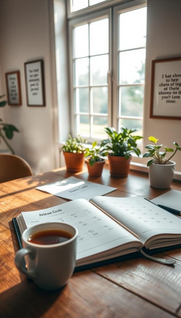 A tranquil workspace featuring a wooden desk with a neatly arranged planner opened to a new month’s section titled "Release Goals". In the foreground, a steaming cup of herbal tea exudes warmth, beside fresh green plants in terracotta pots, symbolizing growth and renewal. In the middle ground, soft natural light filters through large windows, casting gentle shadows. The walls are adorned with inspirational quotes in elegant frames, offering a sense of calm motivation. The background shows a serene nature scene, hinting at a peaceful outdoor landscape, like trees swaying in a light breeze. The mood is focused yet relaxed, embodying the spirit of setting gentle goals for the month ahead. A wide-angle view captures the entire scene while maintaining a soft focus on the details, enhancing the tranquil atmosphere.