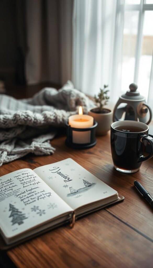 A tranquil workspace set for journaling, featuring a beautifully arranged wooden desk adorned with a soft, cozy blanket and a steaming cup of herbal tea. In the foreground, a leather-bound journal opens to reveal neatly written January prompts, with delicate hand-drawn illustrations of winter landscapes and gentle snowflakes. The middle layer captures a softly glowing candle, casting warm light, alongside a small potted plant that adds life to the scene. In the background, a window showcases soft, diffused light filtering through sheer curtains, hinting at a wintery view outside. The overall mood is calming and inviting, perfect for reflective journaling, conveying a sense of peace and focus. The composition is shot from a slightly elevated angle to encompass both the desk and the inviting atmosphere it creates.