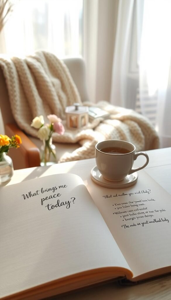 A tranquil workspace set on a soft spring morning, featuring an open journal with beautifully handwritten prompts like "What brings me peace today?" and "How can I nurture my mind and body?" in elegant script. The foreground includes a steaming cup of herbal tea on a delicate ceramic coaster, with fresh flowers in a small vase nearby, adding a touch of color. In the middle ground, a cozy knitted throw blankets the chair, inviting a sense of warmth. The background showcases a sun-drenched window with sheer curtains gently fluttering, allowing soft, natural light to illuminate the scene. The atmosphere is serene and inviting, evoking a sense of calm and reflection, perfect for welcoming a gentle day.