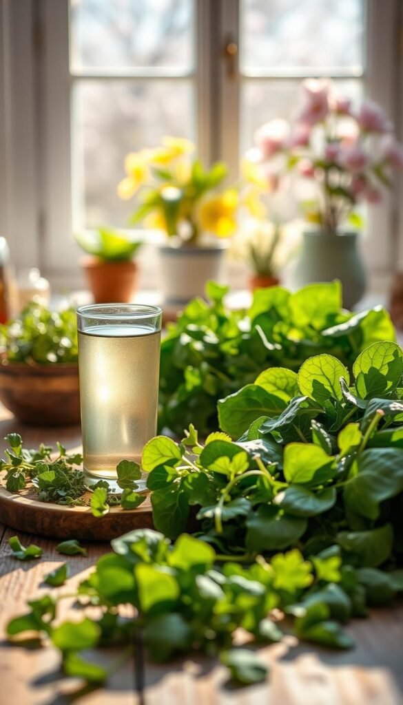 A vibrant, inviting scene of fresh spring greens, showcasing a variety of leafy vegetables like arugula, spinach, and kale, artfully arranged on a rustic wooden table in the foreground. A glass of light green herbal tea sits beside a small bowl of fresh herbs, exuding a sense of wellness and vitality. The middle ground features a sunlit window with soft, warm light streaming in, illuminating the greens and creating delicate shadows. In the background, blurred images of blossoming flowers and a small potted plant enhance the cheerful, rejuvenating atmosphere of spring. The overall mood is fresh, uplifting, and healthy, capturing the essence of nurturing oneself through nature’s bounty. The composition is shot at a slight angle with a cozy depth of field, emphasizing the colors and textures of the vegetables.