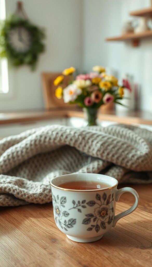 A warm cup of herbal tea sits in the foreground, cradled in a delicate ceramic mug with intricate floral patterns. Steam gently rises, swirling above the cup, catching soft morning light that filters through a nearby window. In the middle ground, a cozy, textured blanket is draped casually over a wooden table, with fresh spring flowers arranged in a small vase beside the cup. A blurred, tranquil kitchen scene sets the background, featuring soft pastel colors and simple decor, exuding warmth and comfort. The overall atmosphere is serene and inviting, evoking the essence of slow living and mindful rituals during a peaceful spring weekend. The lighting is soft and natural, creating a calming mood ideal for relaxation.