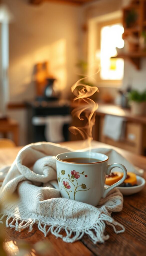 A warm cup of steaming herbal tea sits on a rustic wooden table, surrounded by a soft, wrapped scarf. The cup, ceramic with a delicate floral design, releases gentle wisps of steam that catch the light. In the foreground, a cozy atmosphere is enriched by a subtle bokeh effect, placing focus on the cup. In the middle ground, a simple light meal composed of fresh fruits and nuts lays invitingly beside the cup, enhancing the sense of nourishment. The background softly fades into a sunlit kitchen with warm, golden hues, conveying a serene and tranquil vibe. The soft morning light creates gentle shadows, adding depth and warmth to the scene, inviting the viewer into a peaceful moment of productivity and comfort.