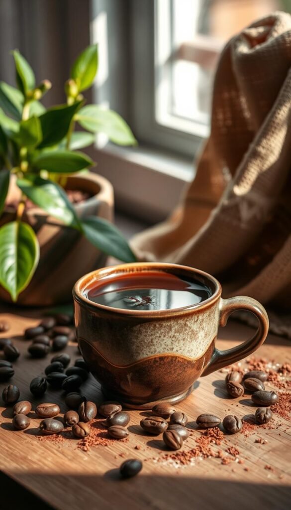 A warm, inviting scene featuring a beautifully crafted ceramic cup of rich, dark cacao sitting on a wooden table. The cup is surrounded by cacao beans and a sprinkle of cacao powder, adding texture and depth. Soft, natural light filters in from a nearby window, casting gentle shadows that enhance the cozy atmosphere. In the background, a lush green plant adds a touch of life, while a delicate, handwoven cloth adds warmth to the setting. The focus is on the cup, capturing the smooth surface of the cacao with a slight sheen, inviting the viewer to experience its comforting essence. The overall mood is serene and heartwarming, evoking feelings of relaxation and emotional warmth.