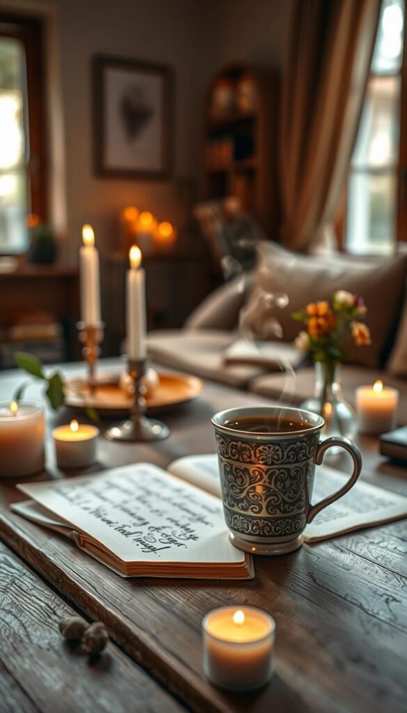 A warm, inviting scene featuring a cozy wooden table adorned with a steaming cup of herbal tea, surrounded by soft, delicate candles casting a gentle glow. In the foreground, focus on the cup, beautifully crafted with intricate patterns, steam swirling upwards, symbolizing tranquility. In the middle ground, an open journal with handwritten notes lies next to the cup, alongside a small vase of fresh flowers, representing growth and renewal. The background softly fades into a softly lit room filled with warm colors, such as earthy browns and soft yellows, evoking a sense of calm and introspection. Natural light filters through a nearby window, highlighting the serene atmosphere. The overall mood is peaceful and restorative, inviting viewers to embrace the ritual of warm drinks as part of their emotional declutter routine.